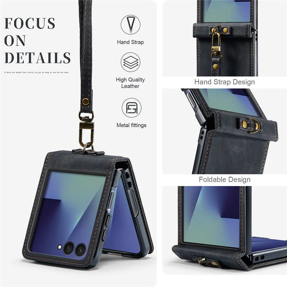 AUTSPACE A01 For Samsung Galaxy Z Flip8 Case Matte PU Leather + PC Folding Phone Cover with Hand Strap - Black - 7