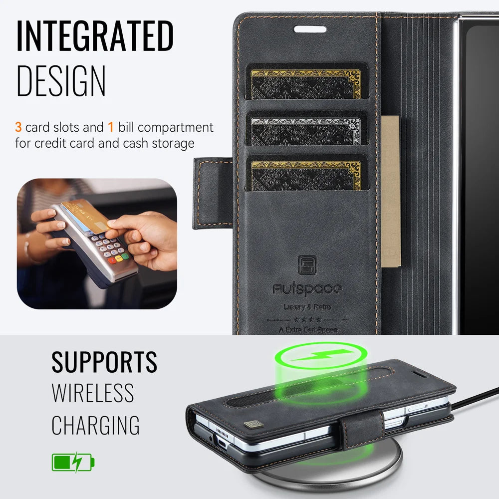 AUTSPACE for Samsung Galaxy Z Fold8 Ultra A11 Case RFID Blocking Retro Leather Cell Phone Wallet Cover - Black - 5