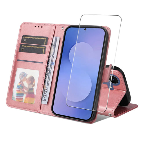 HAT PRINCE for Samsung Galaxy S26 FE Wallet Case ENKAY  Calf Texture Leather Phone Stand Cover with Hydrogel Film / Strap - Pink - 1