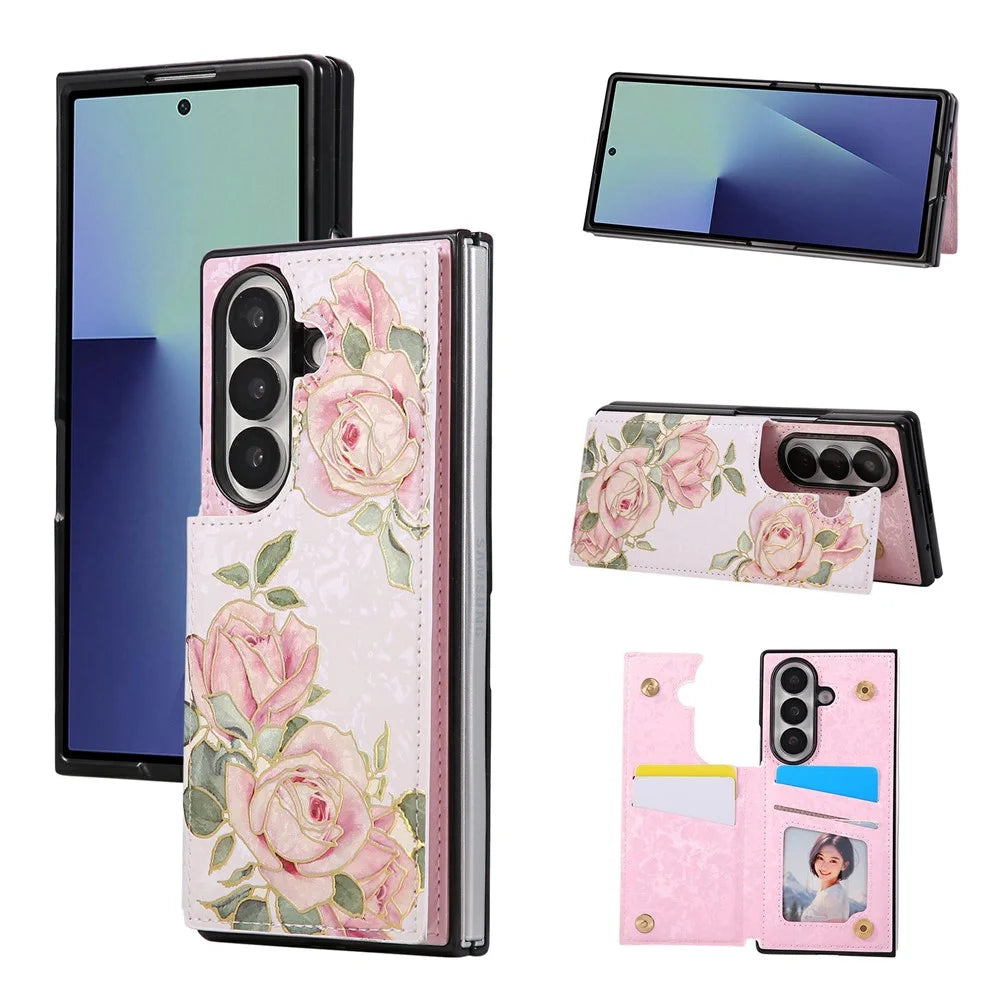 For Samsung Galaxy Z Fold8 Ultra Case Flower Leather TPU RFID Blocking Phone Cover Card Slots - Rose Flower - 1