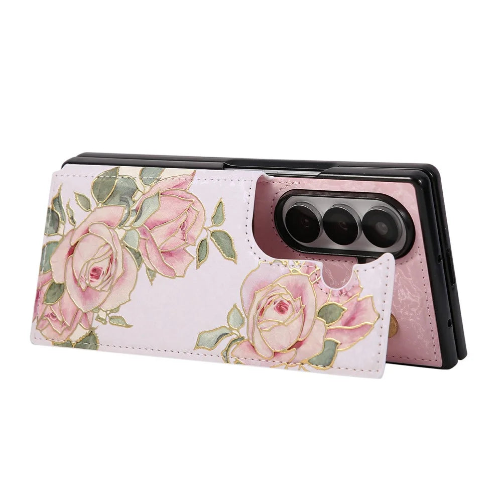 For Samsung Galaxy Z Fold8 Ultra Case Flower Leather TPU RFID Blocking Phone Cover Card Slots - Rose Flower - 3