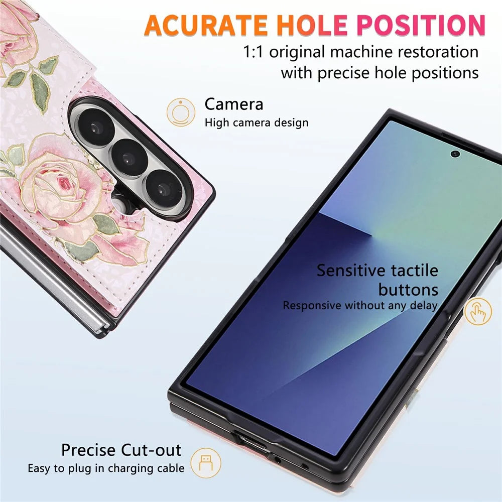 For Samsung Galaxy Z Fold8 Ultra Case Flower Leather TPU RFID Blocking Phone Cover Card Slots - Rose Flower - 6