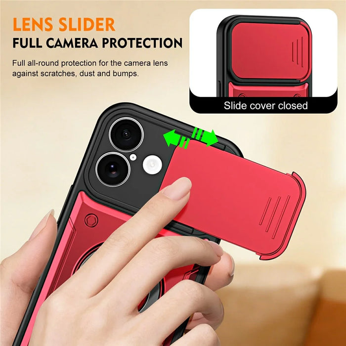 For iPhone 16 Case with Slide Lens Cover Rotatable Kickstand Shockproof TPU + PC Phone Shell - Red - 5