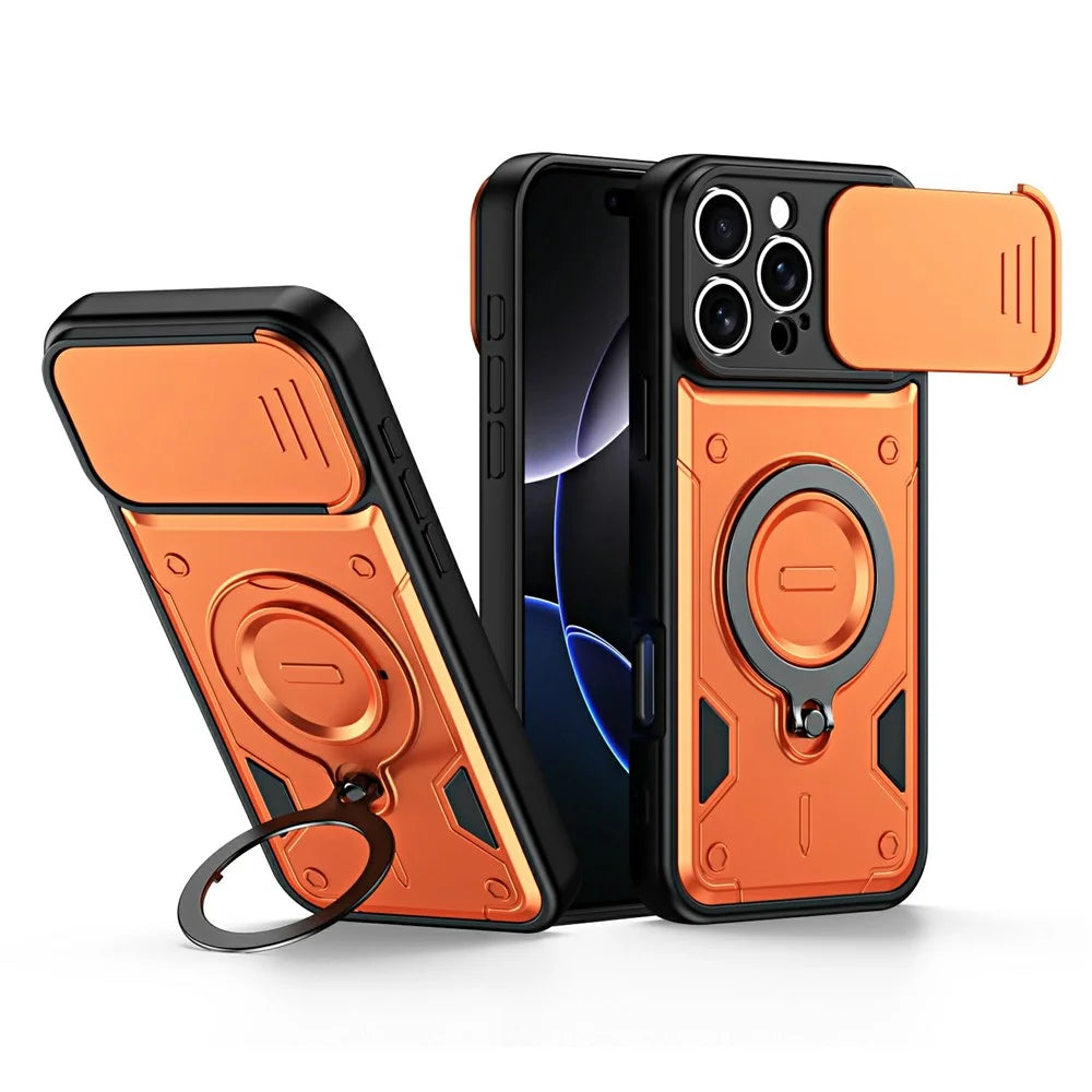 For iPhone 16 Pro Case with Slide Lens Cover Rotatable Kickstand Shockproof TPU + PC Phone Shell - Orange - 1