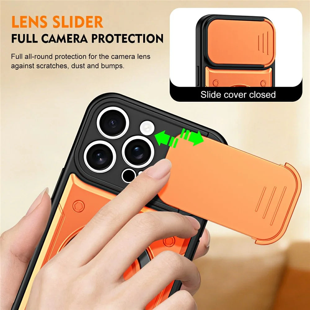 For iPhone 16 Pro Case with Slide Lens Cover Rotatable Kickstand Shockproof TPU + PC Phone Shell - Orange - 5
