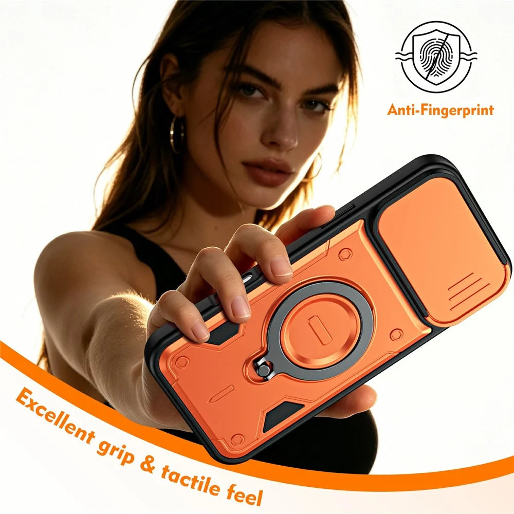 For iPhone 16 Pro Case with Slide Lens Cover Rotatable Kickstand Shockproof TPU + PC Phone Shell - Orange - 6