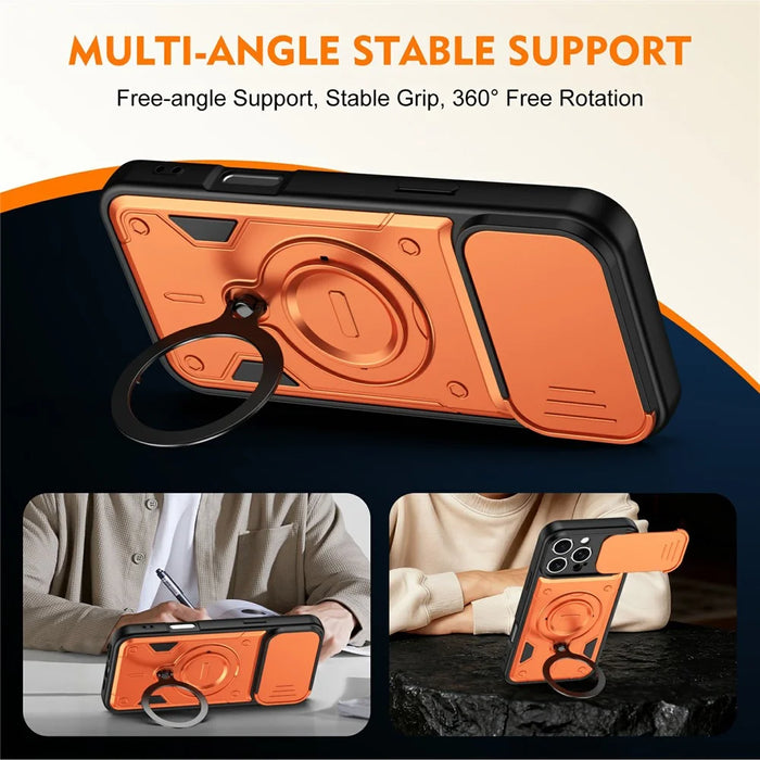 For iPhone 16 Pro Max Case with Slide Lens Cover Rotatable Kickstand Shockproof TPU + PC Phone Shell - Orange - 4