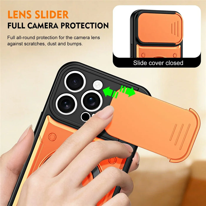 For iPhone 16 Pro Max Case with Slide Lens Cover Rotatable Kickstand Shockproof TPU + PC Phone Shell - Orange - 5