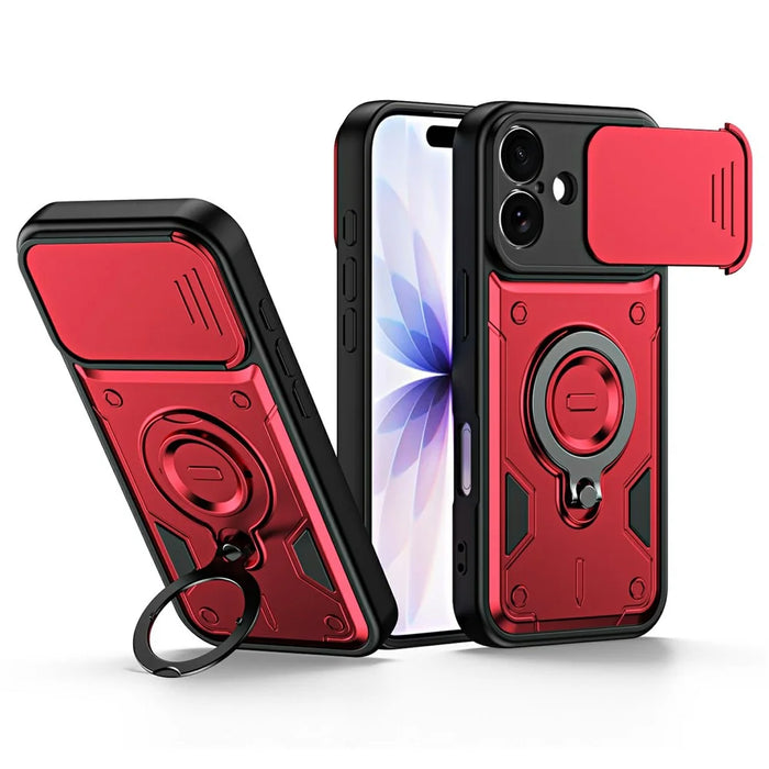 For iPhone 17 Case with Slide Lens Cover Rotatable Kickstand Shockproof TPU + PC Phone Shell - Red - 1