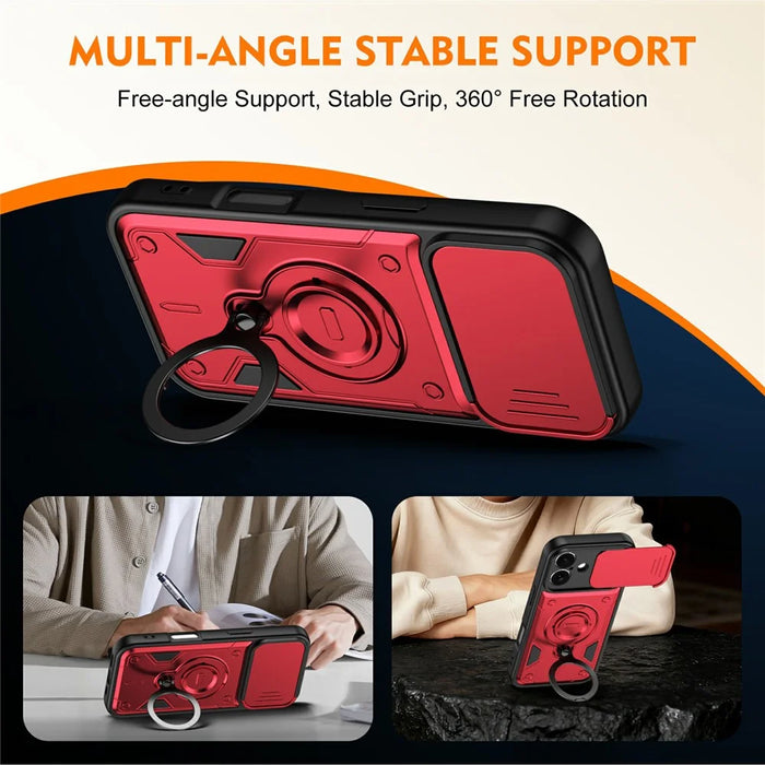 For iPhone 17 Case with Slide Lens Cover Rotatable Kickstand Shockproof TPU + PC Phone Shell - Red - 4