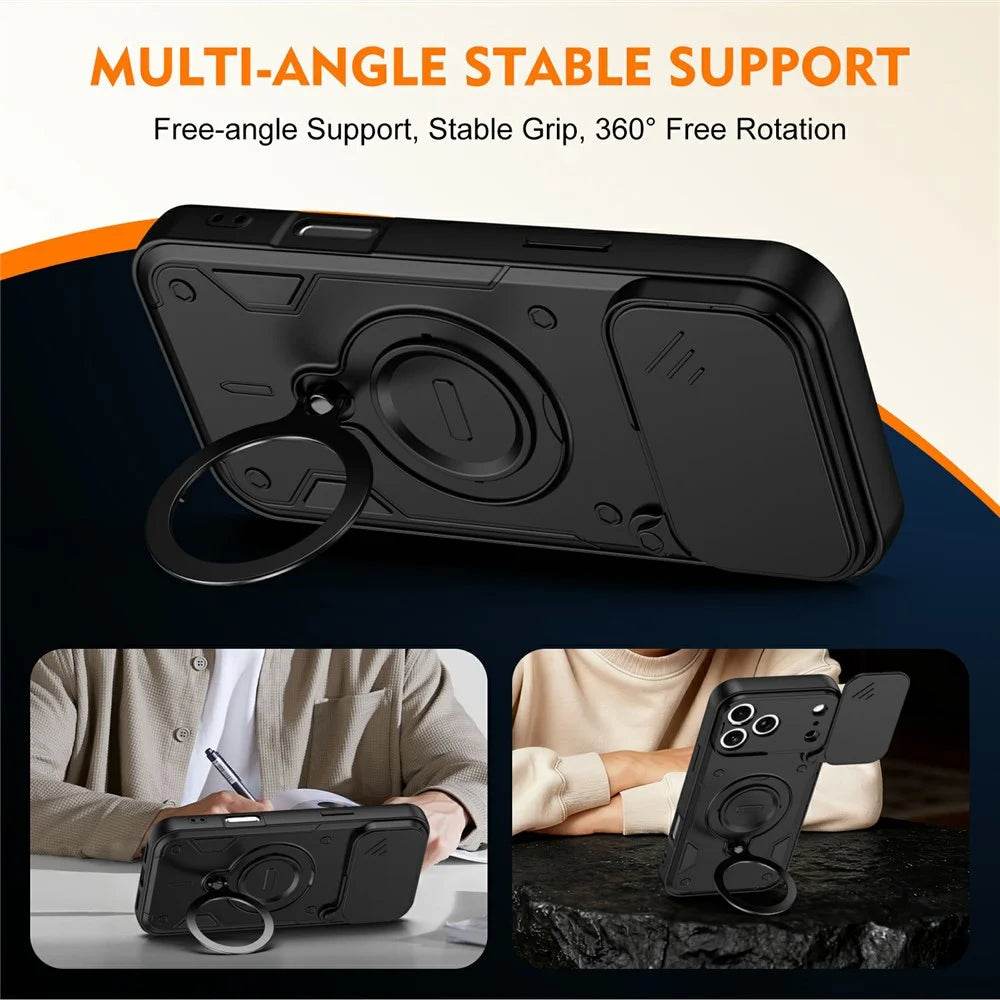 For iPhone 17 Pro Case with Slide Lens Cover Rotatable Kickstand Shockproof TPU + PC Phone Shell - Black - 4