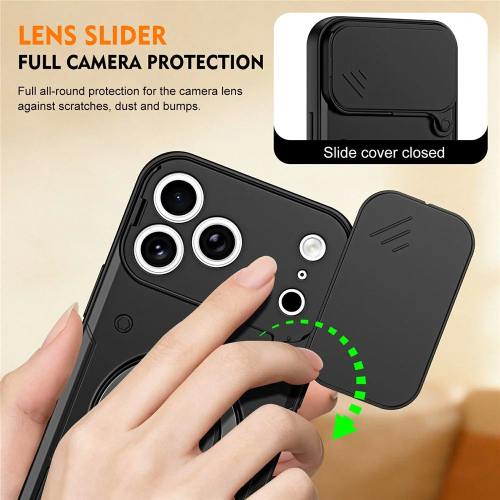 For iPhone 17 Pro Case with Slide Lens Cover Rotatable Kickstand Shockproof TPU + PC Phone Shell - Black - 5