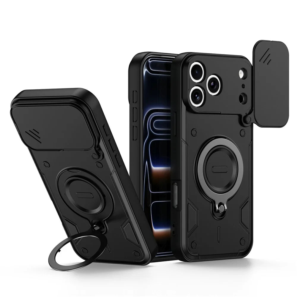 For iPhone 17 Pro Max Case with Slide Lens Cover Rotatable Kickstand Shockproof TPU + PC Phone Shell - Black - 1