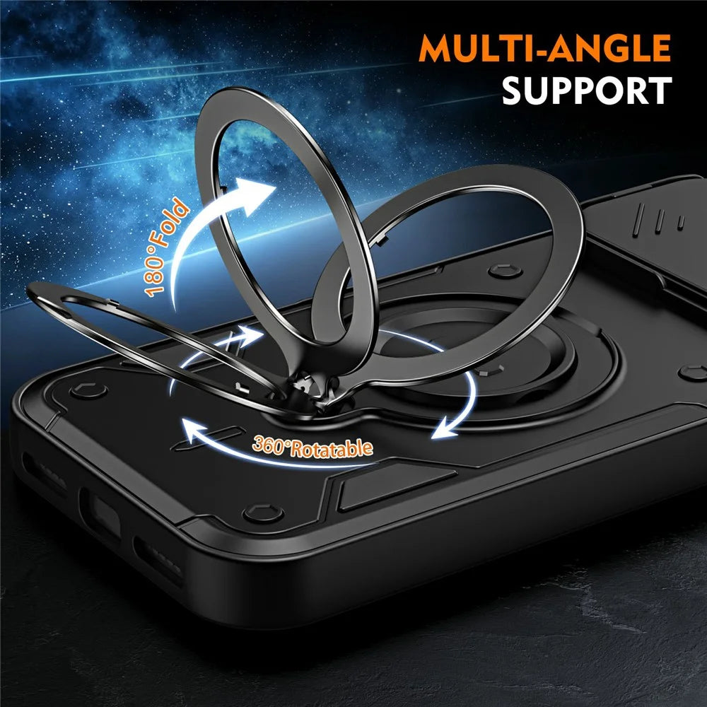 For iPhone 17 Pro Max Case with Slide Lens Cover Rotatable Kickstand Shockproof TPU + PC Phone Shell - Black - 3