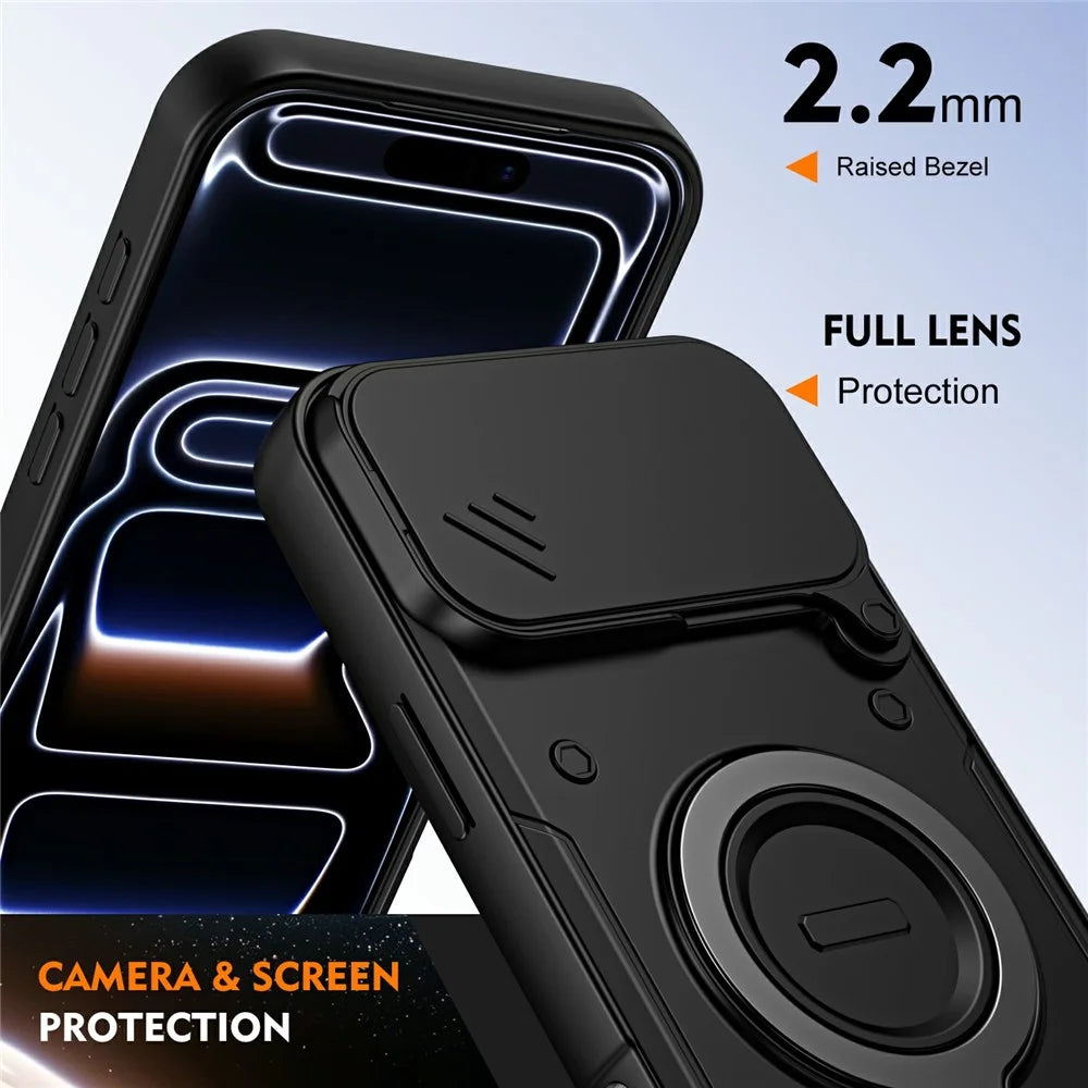 For iPhone 17 Pro Max Case with Slide Lens Cover Rotatable Kickstand Shockproof TPU + PC Phone Shell - Black - 7