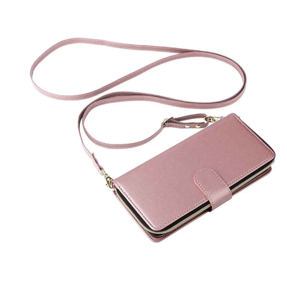 For Samsung Galaxy A27 5G Case 9 Card Slots Zipper Pocket PU Leather Phone Cover with Wrist Strap - Rose Gold - 5
