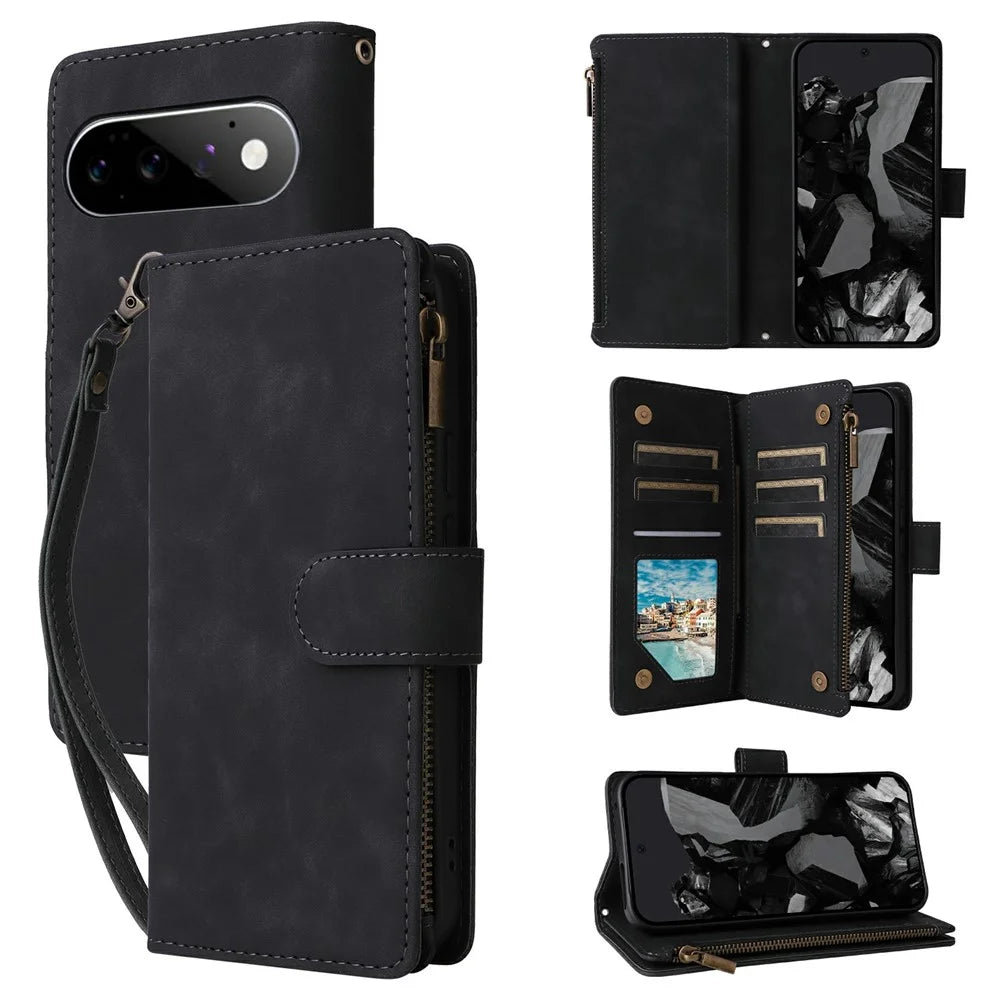For Google Pixel 11 Pro XL Case Zipper Wallet Multiple Card Slots Leather Phone Cover with Wrist Strap - Black - 1