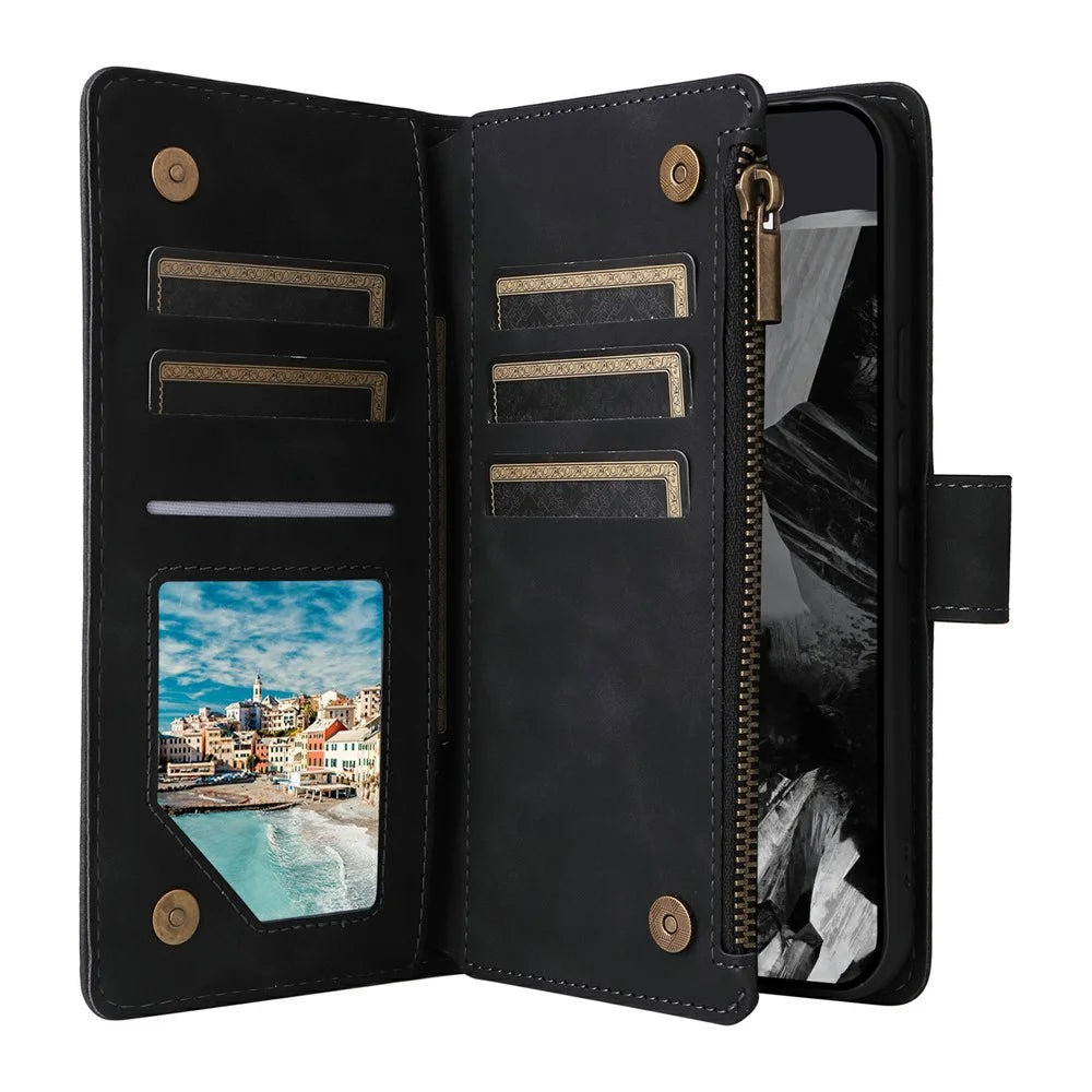 For Google Pixel 11 Pro XL Case Zipper Wallet Multiple Card Slots Leather Phone Cover with Wrist Strap - Black - 3