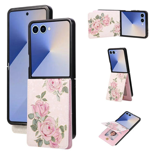 For Samsung Galaxy Z Flip8 Case Flower Leather TPU RFID Blocking Phone Cover Card Slots - Rose Flower - Rose Flower - 1