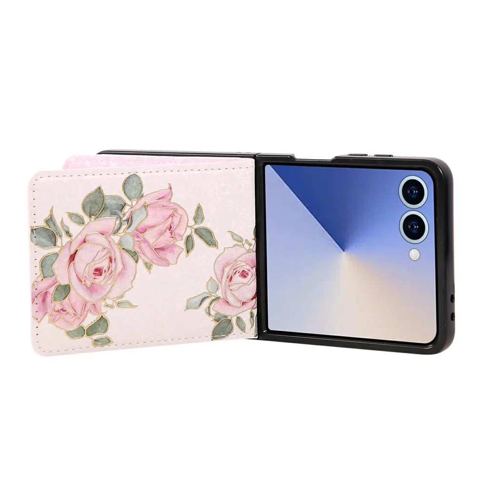 For Samsung Galaxy Z Flip8 Case Flower Leather TPU RFID Blocking Phone Cover Card Slots - Rose Flower - Rose Flower - 4