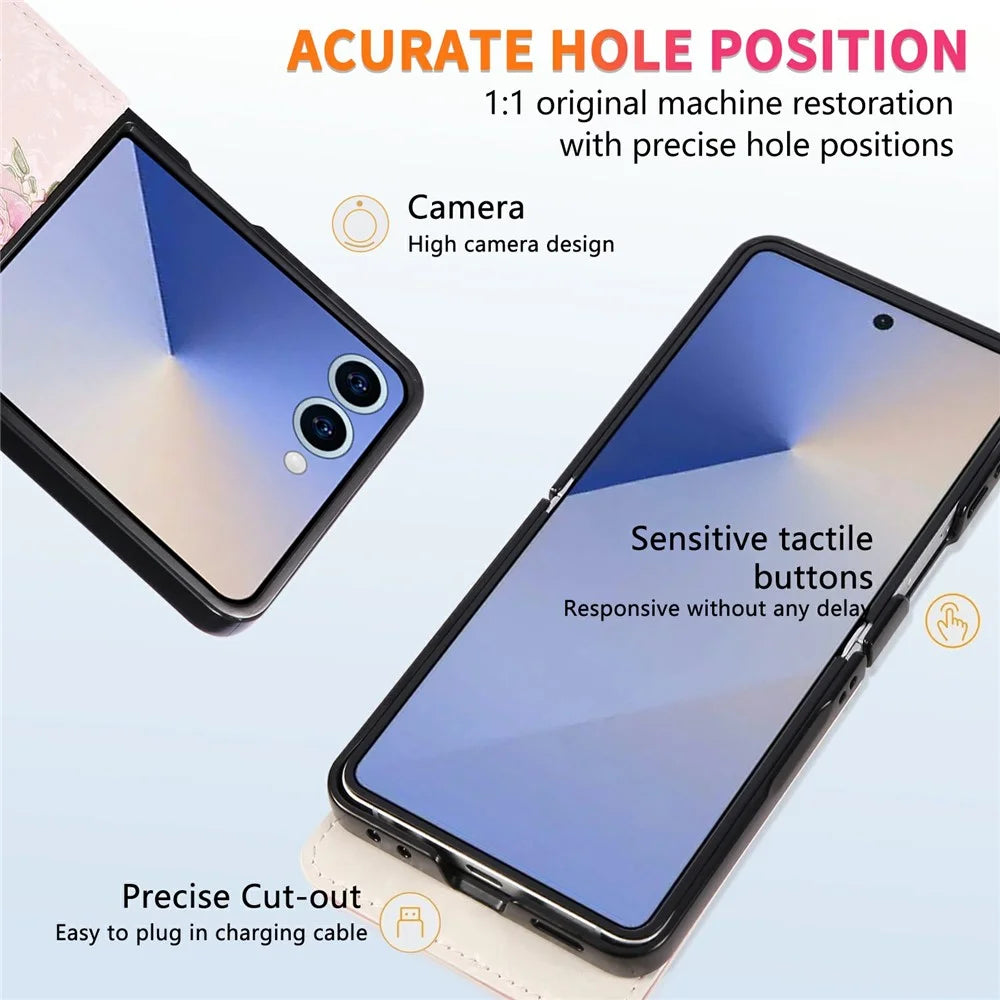 For Samsung Galaxy Z Flip8 Case Flower Leather TPU RFID Blocking Phone Cover Card Slots - Rose Flower - Rose Flower - 7
