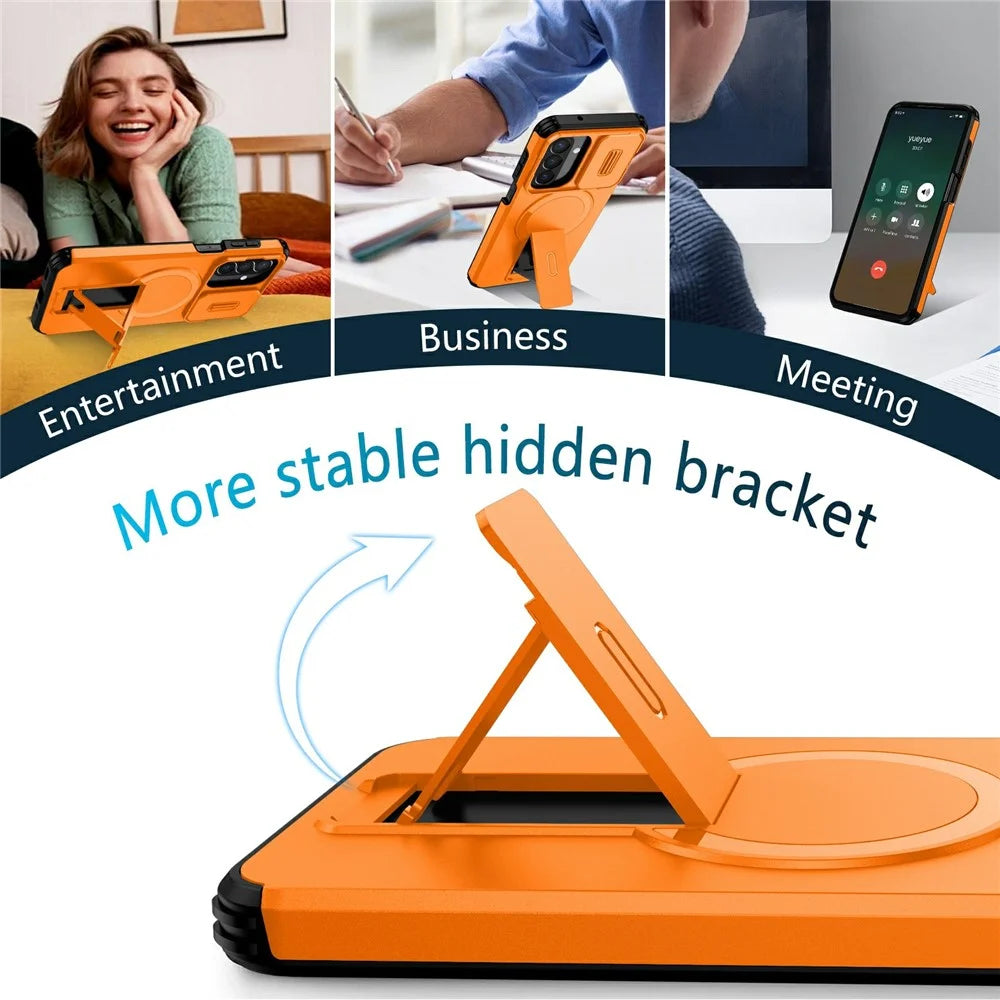 For Samsung Galaxy A27 5G Magnetic Case Kickstand Camera Slider PC + TPU Phone Cover - Orange - 4