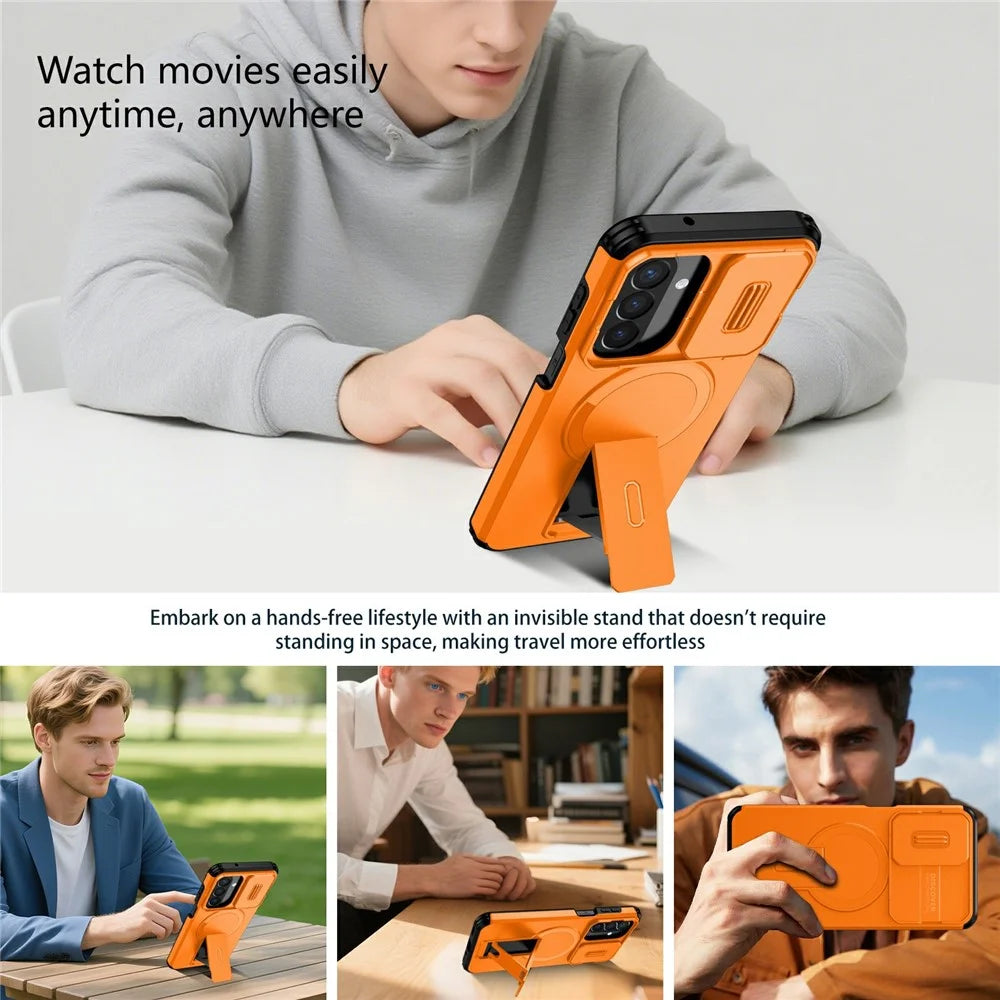 For Samsung Galaxy A27 5G Magnetic Case Kickstand Camera Slider PC + TPU Phone Cover - Orange - 5