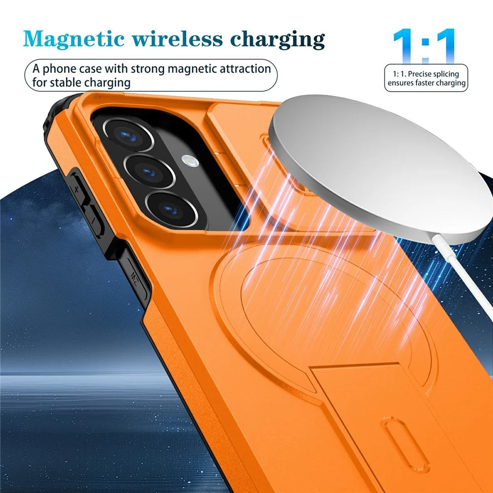 For Samsung Galaxy A27 5G Magnetic Case Kickstand Camera Slider PC + TPU Phone Cover - Orange - 6