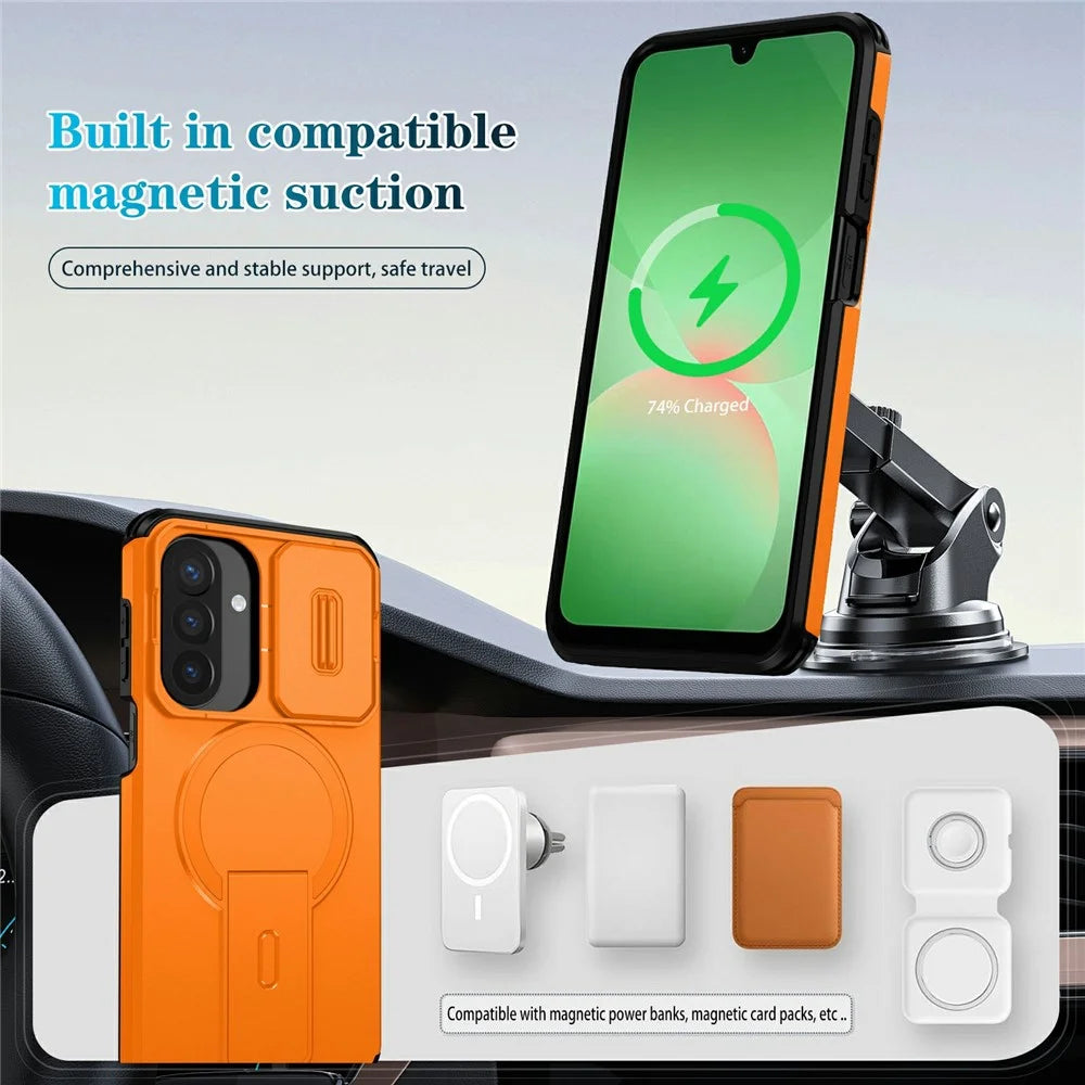 For Samsung Galaxy A27 5G Magnetic Case Kickstand Camera Slider PC + TPU Phone Cover - Orange - 7
