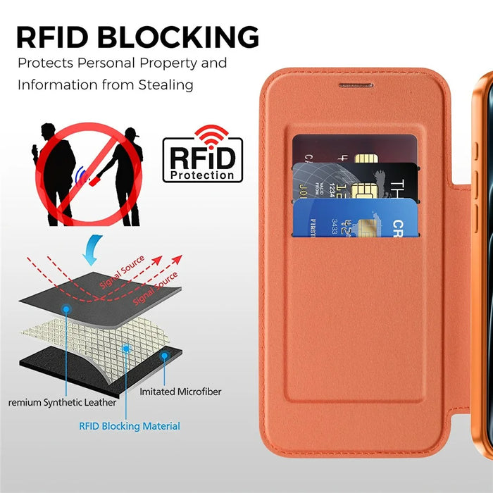 For iPhone 17 Pro Max Magnetic Case RFID Blocking Card Slots Leather Cover - Orange - 4