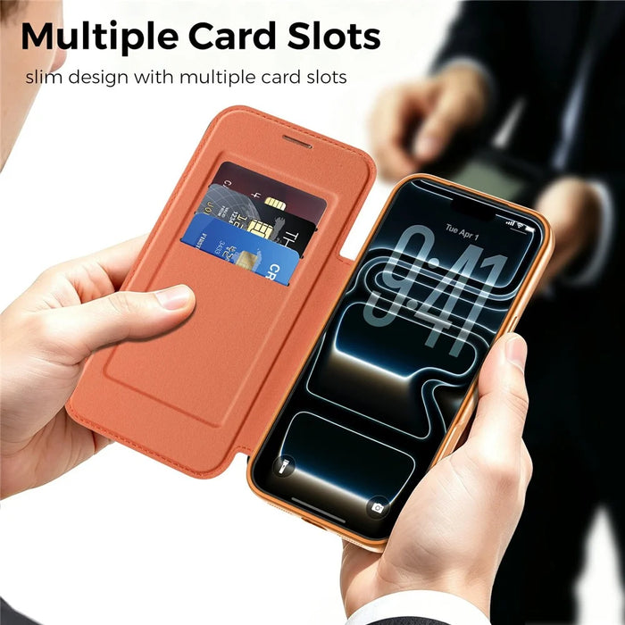 For iPhone 17 Pro Max Magnetic Case RFID Blocking Card Slots Leather Cover - Orange - 7