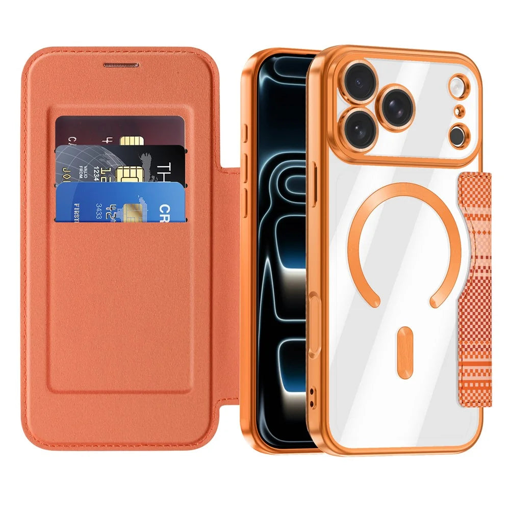 For iPhone 17 Pro Magnetic Case RFID Blocking Card Slots Leather Cover - Orange - 2