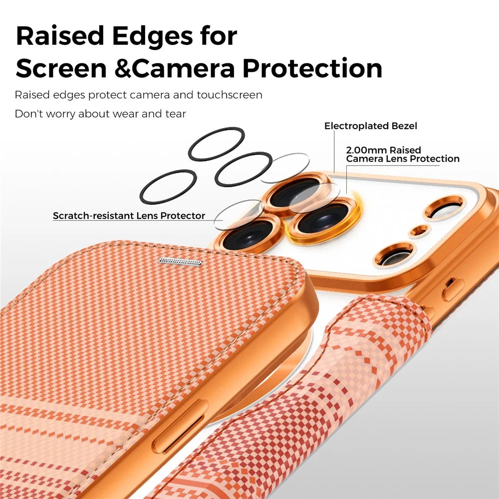 For iPhone 17 Pro Magnetic Case RFID Blocking Card Slots Leather Cover - Orange - 6