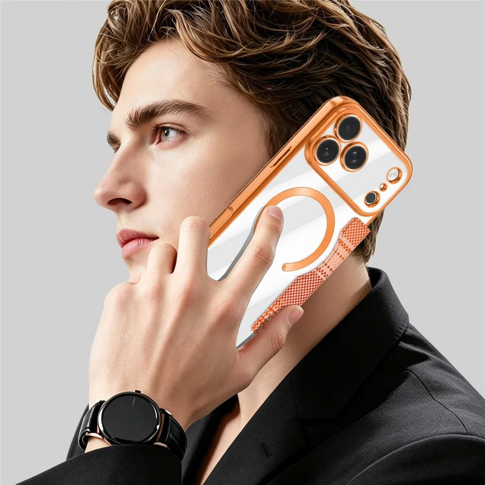 For iPhone 17 Pro Magnetic Case RFID Blocking Card Slots Leather Cover - Orange - 7
