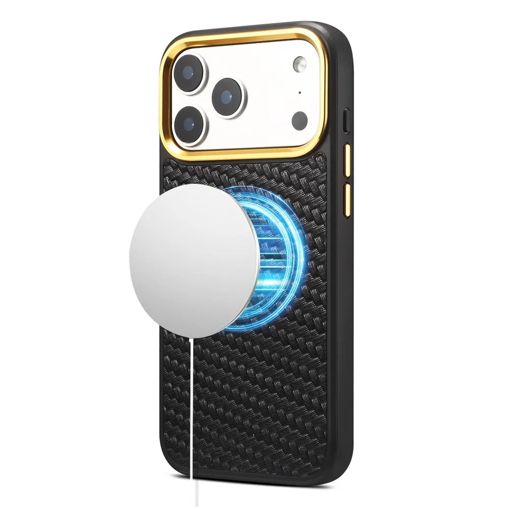 DENIOR A26+1 For iPhone 17 Pro Max Magnetic Case Woven Texture Genuine Cow Leather Coated PC TPU Phone Cover with Metal Lens Frame - Black - 1