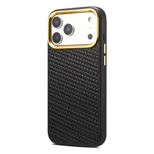 DENIOR A26+1 For iPhone 17 Pro Max Magnetic Case Woven Texture Genuine Cow Leather Coated PC TPU Phone Cover with Metal Lens Frame - Black - 2