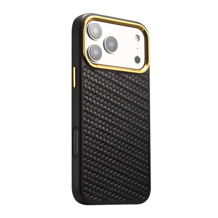 DENIOR A26+1 For iPhone 17 Pro Max Magnetic Case Woven Texture Genuine Cow Leather Coated PC TPU Phone Cover with Metal Lens Frame - Black - 3