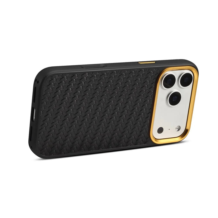 DENIOR A26+1 For iPhone 17 Pro Max Magnetic Case Woven Texture Genuine Cow Leather Coated PC TPU Phone Cover with Metal Lens Frame - Black - 5