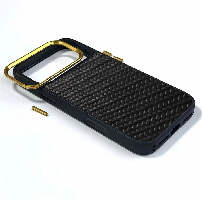 DENIOR A26+1 For iPhone 17 Pro Max Magnetic Case Woven Texture Genuine Cow Leather Coated PC TPU Phone Cover with Metal Lens Frame - Black - 6