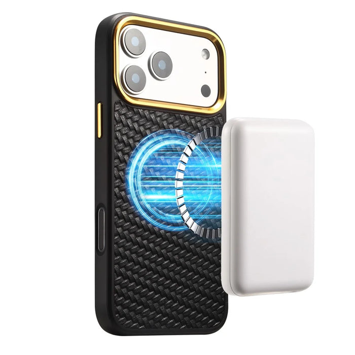 DENIOR A26+1 For iPhone 17 Pro Max Magnetic Case Woven Texture Genuine Cow Leather Coated PC TPU Phone Cover with Metal Lens Frame - Black - 7