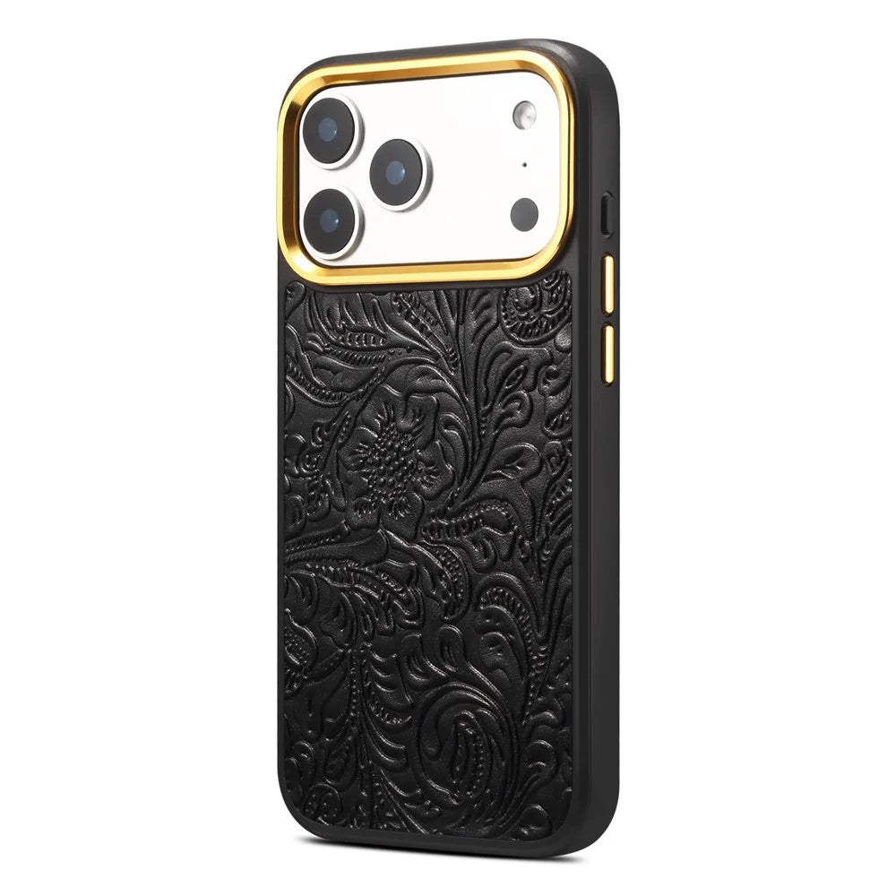 DENIOR A26+2 For iPhone 17 Pro Magnetic Case Retro Embossed Flower Genuine Cow Leather Coated PC + TPU Phone Cover with Metal Lens Frame - Black - 2