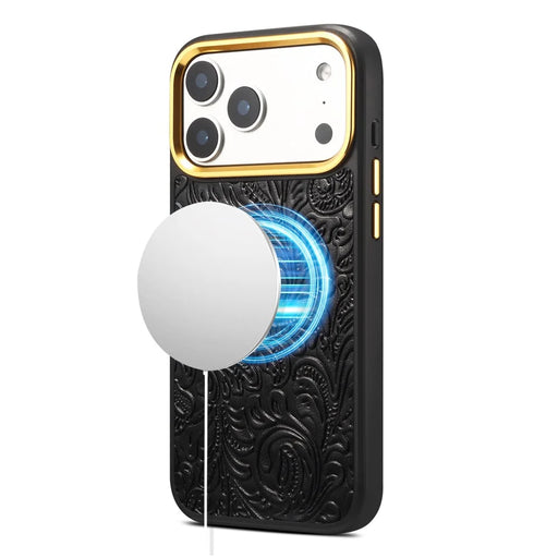 DENIOR A26+2 For iPhone 17 Pro Max Magnetic Case Retro Embossed Flower Genuine Cow Leather Coated PC + TPU Phone Cover with Metal Lens Frame - Black - 1