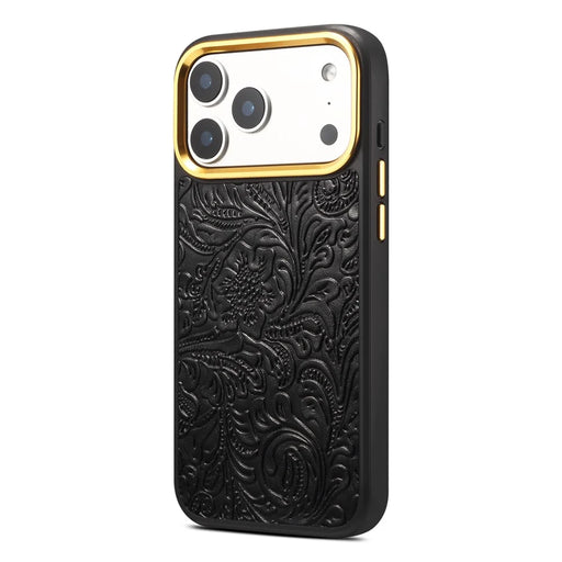 DENIOR A26+2 For iPhone 17 Pro Max Magnetic Case Retro Embossed Flower Genuine Cow Leather Coated PC + TPU Phone Cover with Metal Lens Frame - Black - 2