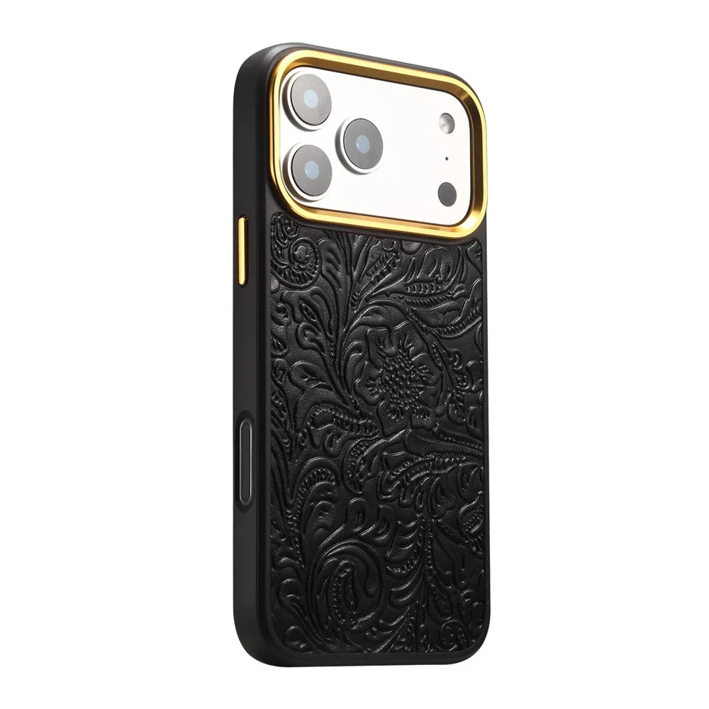 DENIOR A26+2 For iPhone 17 Pro Max Magnetic Case Retro Embossed Flower Genuine Cow Leather Coated PC + TPU Phone Cover with Metal Lens Frame - Black - 3