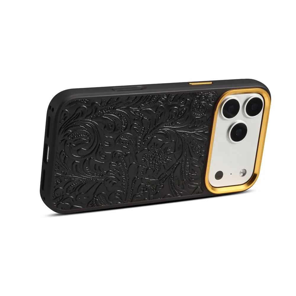 DENIOR A26+2 For iPhone 17 Pro Max Magnetic Case Retro Embossed Flower Genuine Cow Leather Coated PC + TPU Phone Cover with Metal Lens Frame - Black - 5