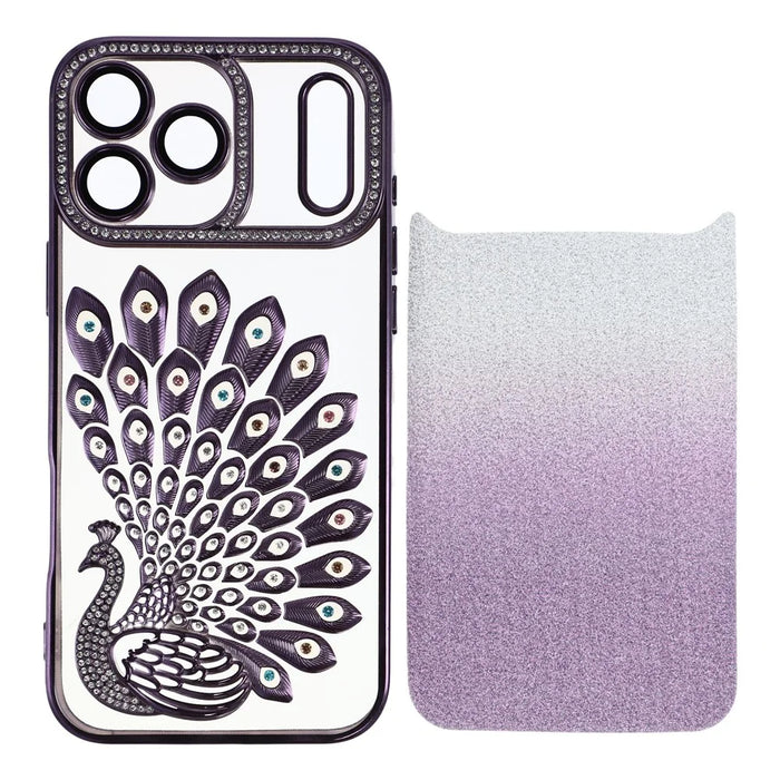For iPhone 17 Pro Max Case 3D Peacock Electroplating Rhinestone TPU Phone Cover with Glitter Card - Purple - 1