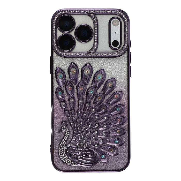 For iPhone 17 Pro Max Case 3D Peacock Electroplating Rhinestone TPU Phone Cover with Glitter Card - Purple - 2