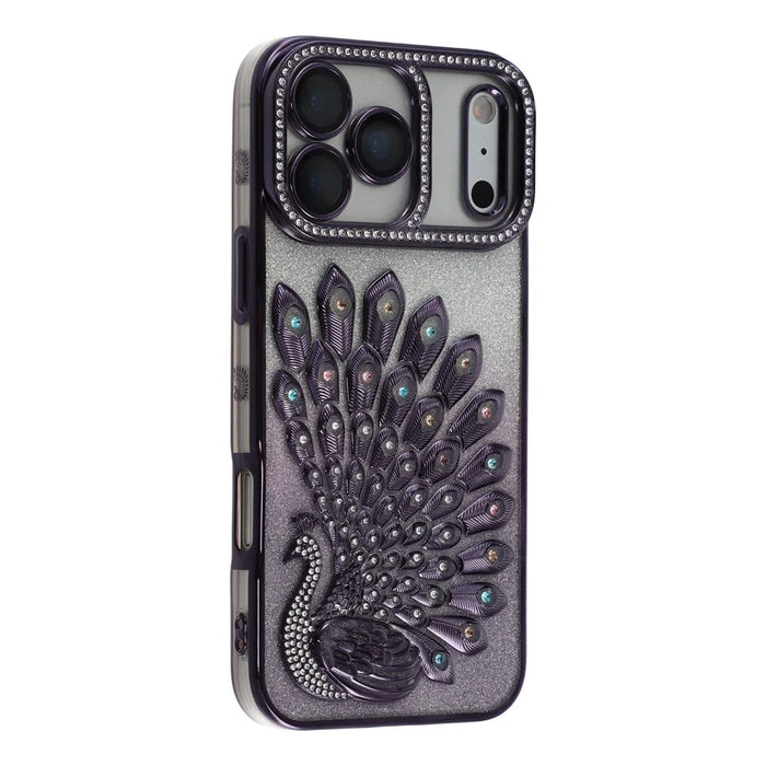 For iPhone 17 Pro Max Case 3D Peacock Electroplating Rhinestone TPU Phone Cover with Glitter Card - Purple - 3