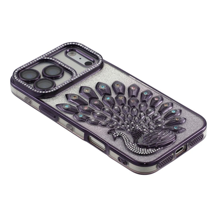 For iPhone 17 Pro Max Case 3D Peacock Electroplating Rhinestone TPU Phone Cover with Glitter Card - Purple - 4