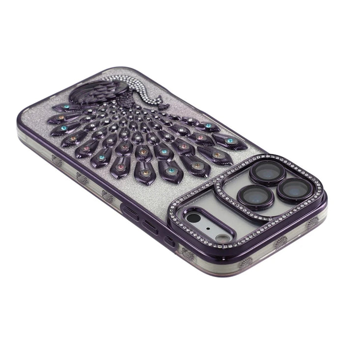 For iPhone 17 Pro Max Case 3D Peacock Electroplating Rhinestone TPU Phone Cover with Glitter Card - Purple - 5